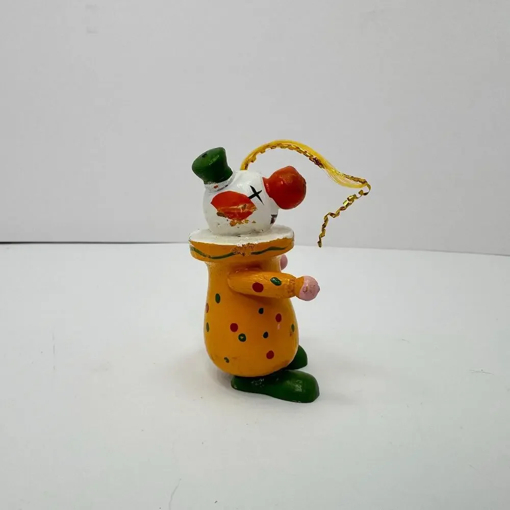 Vintage Hand Painted Yellow Smiling Clown Wooden Holiday Christmas Ornament